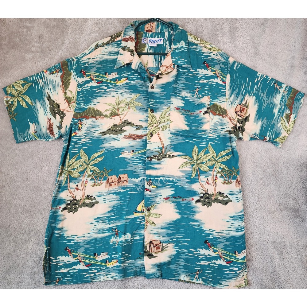 Utility Shirt Mens Large Teal Tropical Island Surfer Print Hawaiian Button Down